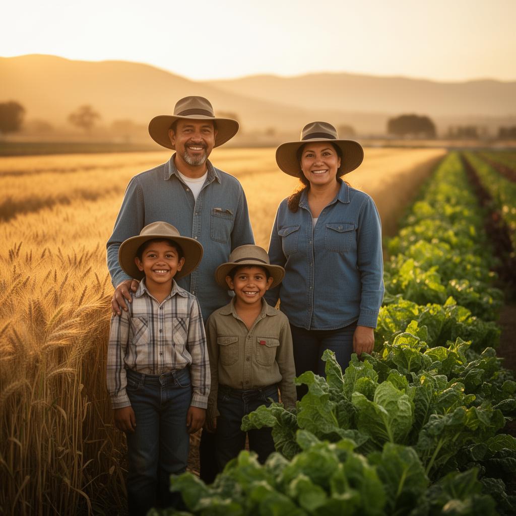 Farm worker family standing in a sunlit field at golden hour